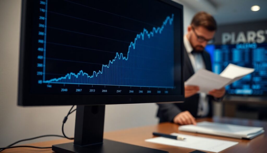 A computer monitor displaying an upward-trending financial growth chart, representing the rising valuation multiples in PE-backed MSP acquisitions with an analyst in the background.