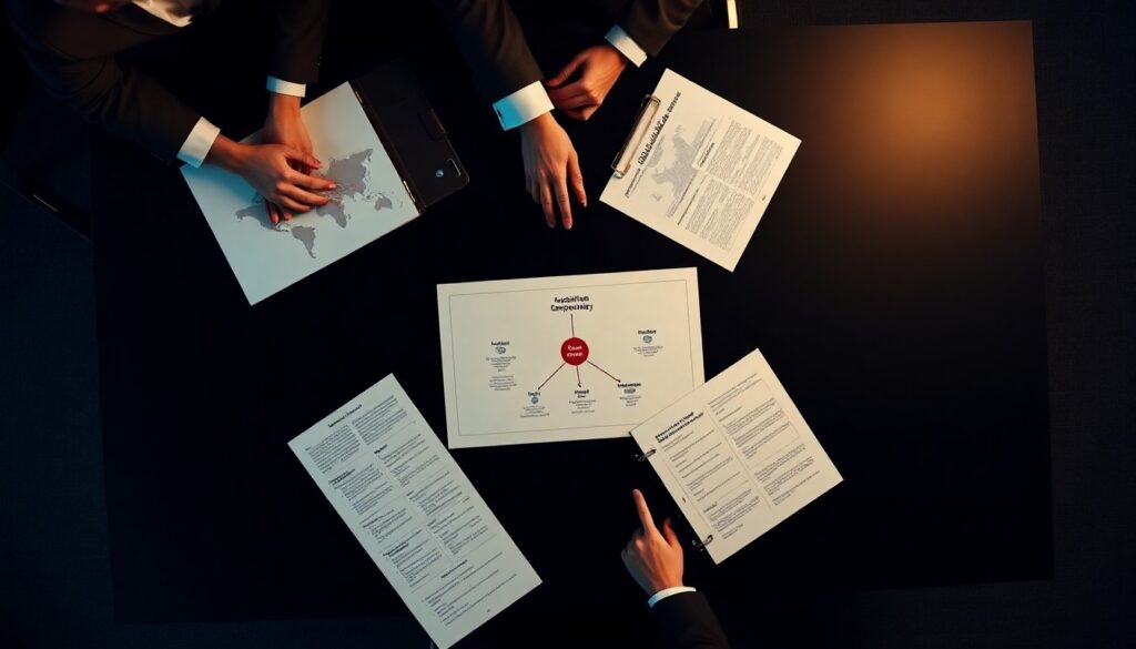 An overhead view of a strategic planning session illustrating The New PE Playbook for PE-Backed MSP Acquisitions, featuring a hub-and-spoke model and global expansion documents on a boardroom table.