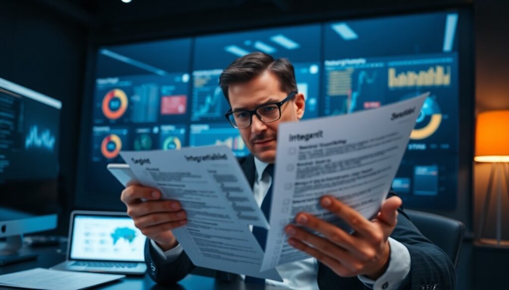An executive reviewing an integration checklist for PE-backed MSP acquisitions in a high-tech command center with data analytics dashboards in the background.