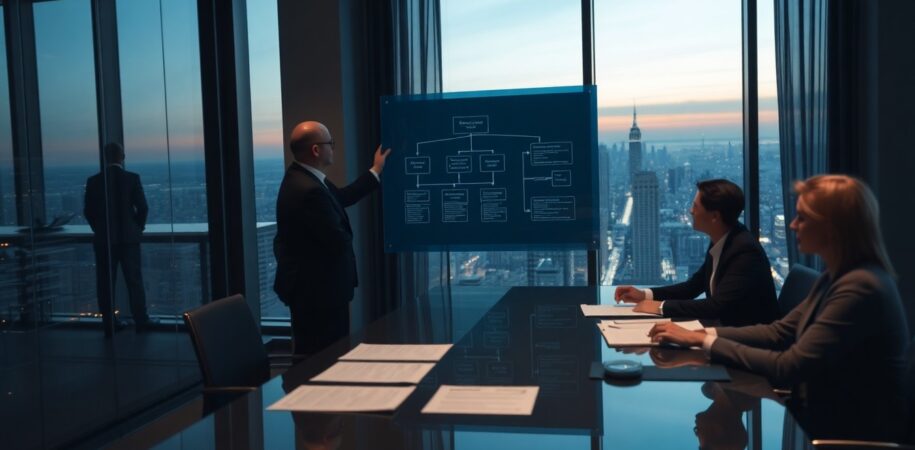 PE-backed MSP acquisitions, executive reviewing M&A deal structure at glass whiteboard in high-rise office