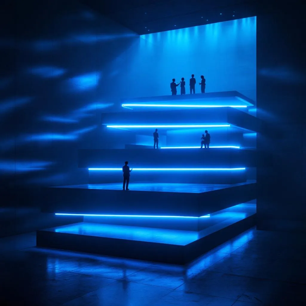 Four ascending platforms in dark modern architecture with executive team reviewing growth data at the top level