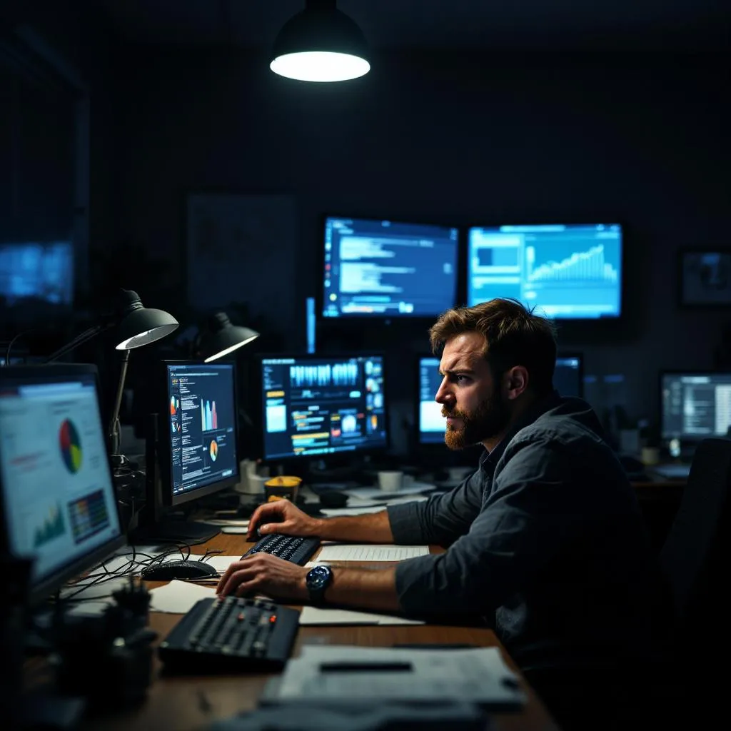 MSP founder at operations desk late at night with reactive service tickets on multiple monitors