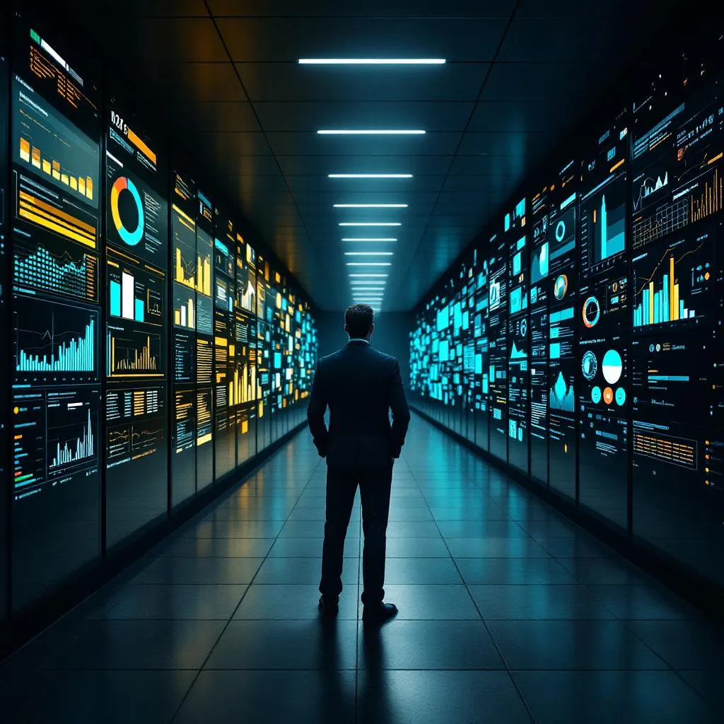 Business leader at a fork in a corporate corridor choosing between a structured lit path and a chaotic dark one