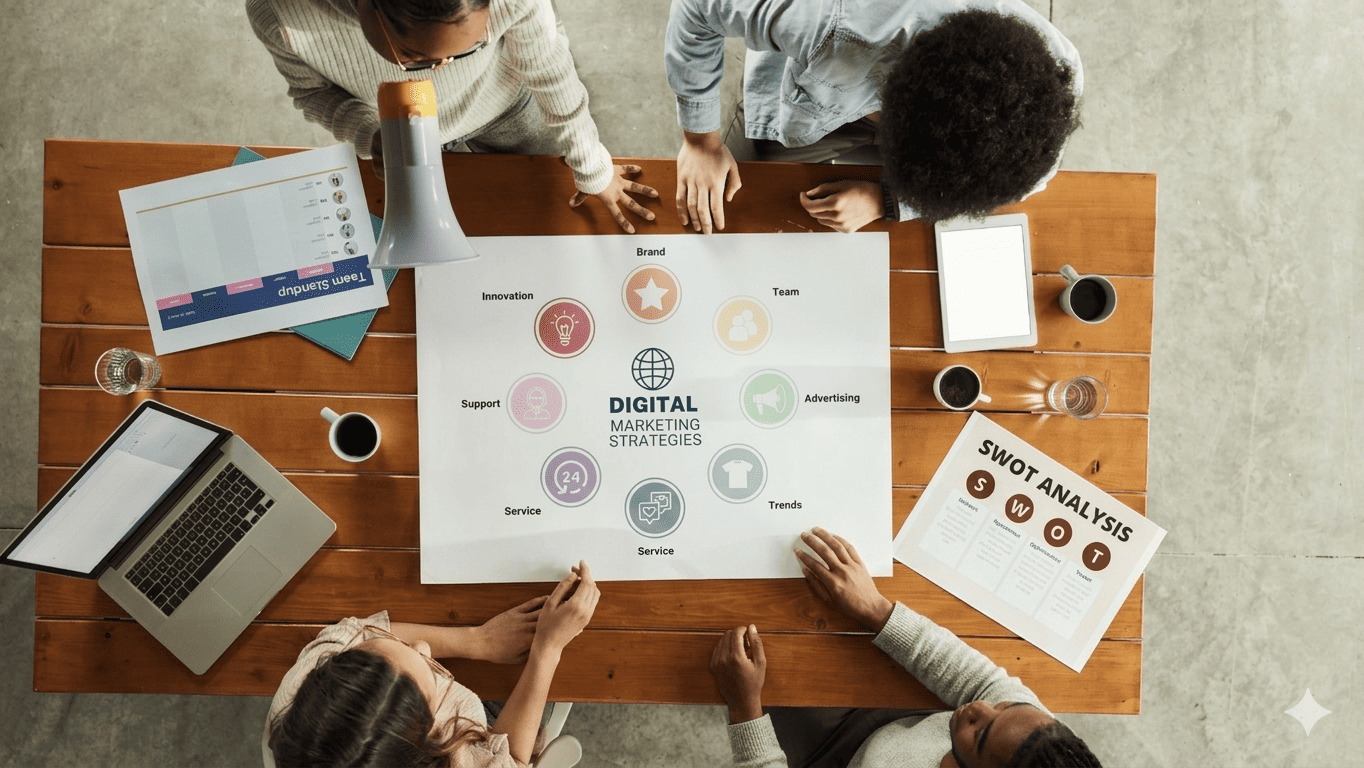 An aerial overhead view of a diverse business team collaborating around a wooden table, mapping out digital marketing strategies and SWOT analysis documents for MSP marketing agencies.