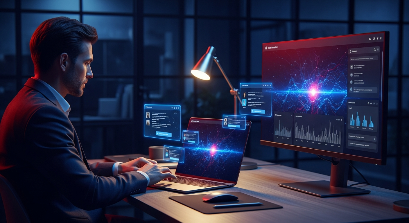 MSP owner reviewing AI platform search results across ChatGPT, Perplexity, and Google on a laptop