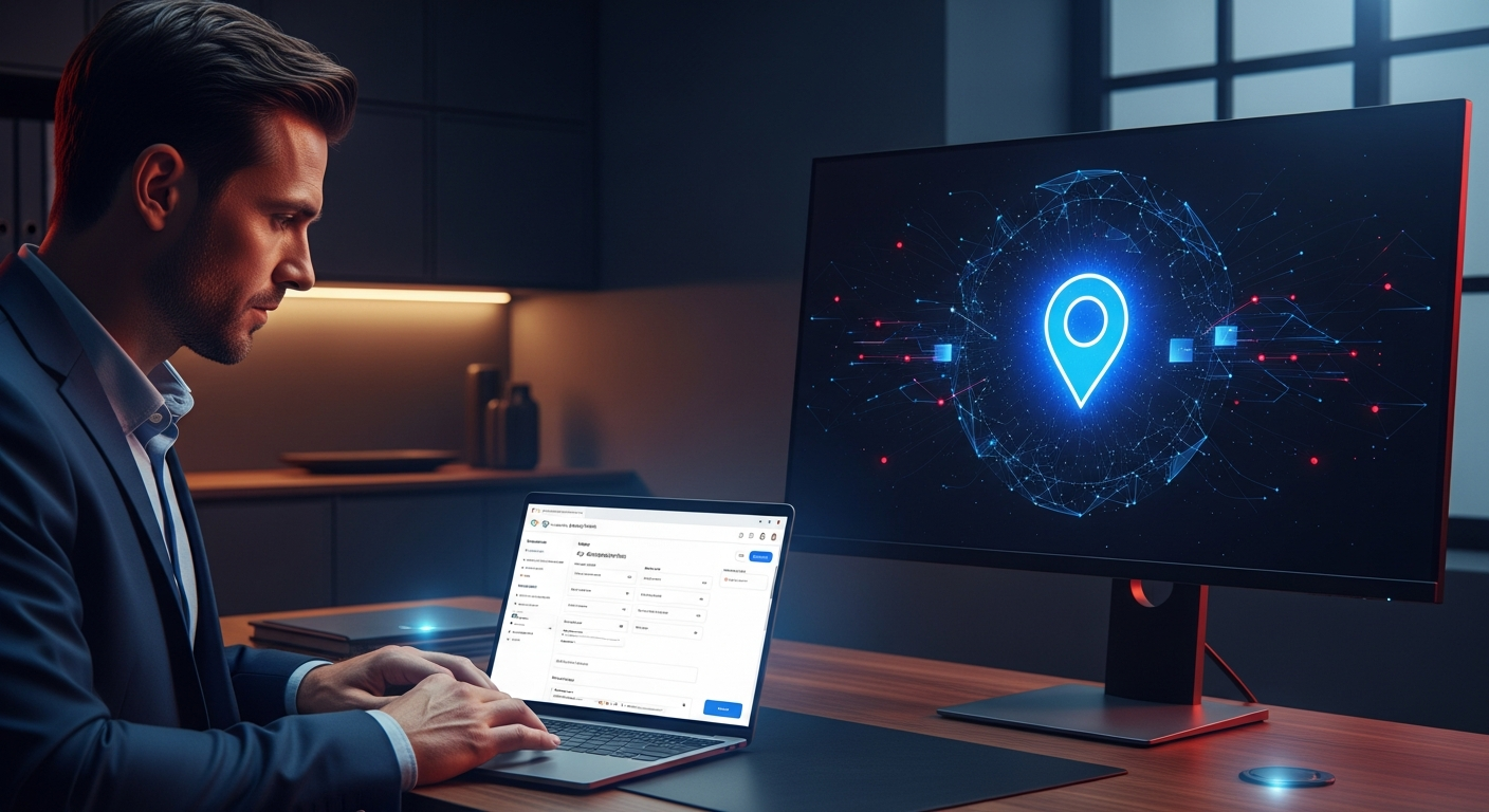 MSP owner optimizing Google Business Profile with AI search results visible on a second screen