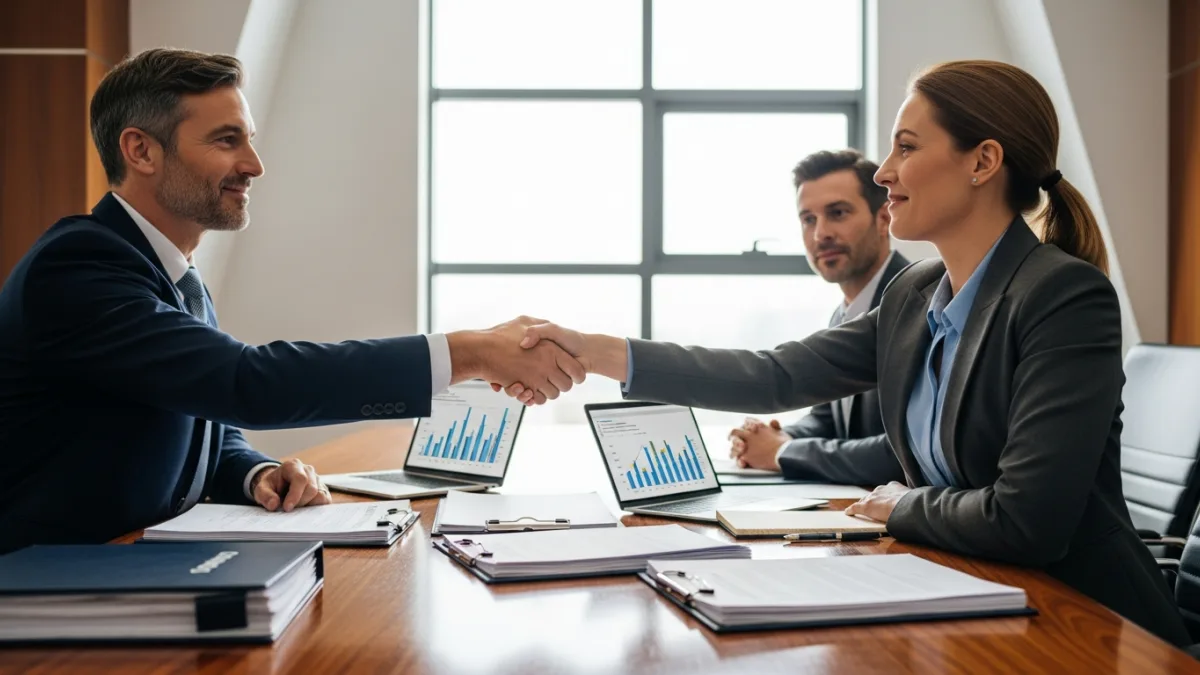 Two business leaders shaking hands closing an MSP merger and acquisition deal in a boardroom