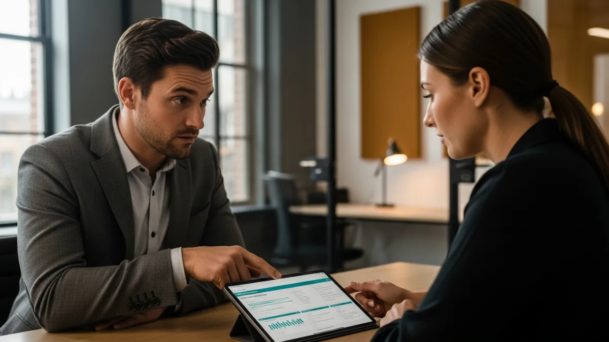 MSP owner reviewing a marketing agency monthly retainer report with a skeptical expression
