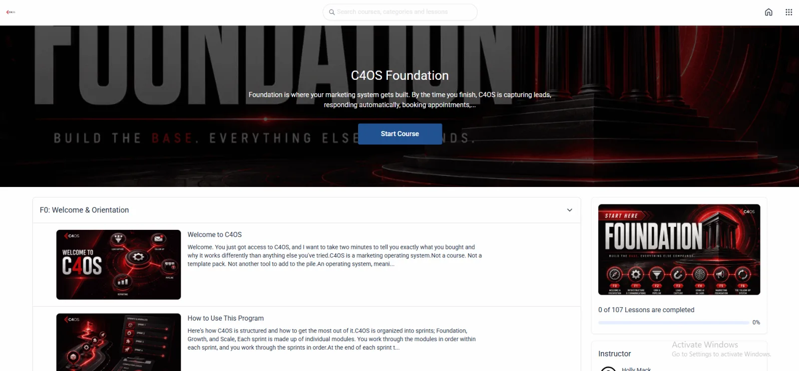 C4OS Foundation course page showing the F0 Welcome and Orientation modules and lesson progress