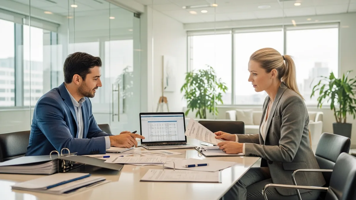 MSP owner and an M&A advisor reviewing deal documents across a conference table