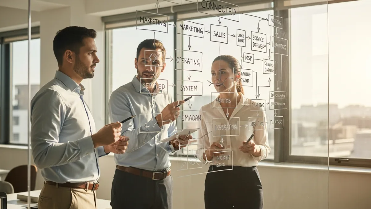 MSP owner and operations leaders mapping an MSP growth system on a whiteboard