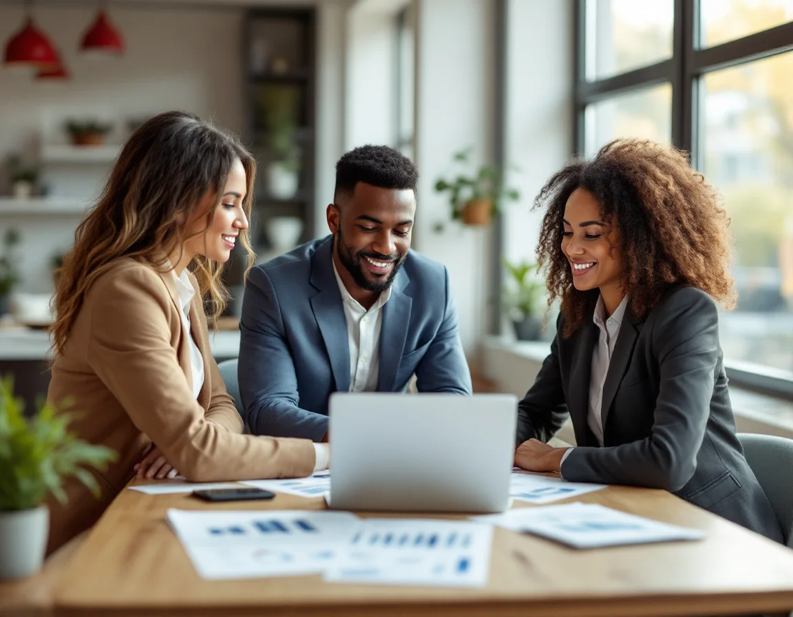 Small business owner reviewing marketing and financial performance with growth advisors