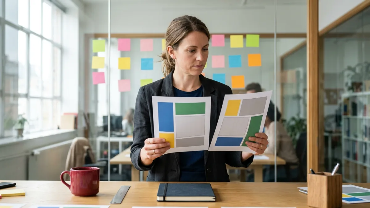 MSP owner comparing two printed marketing page mockups side by side during a Claude Design field test