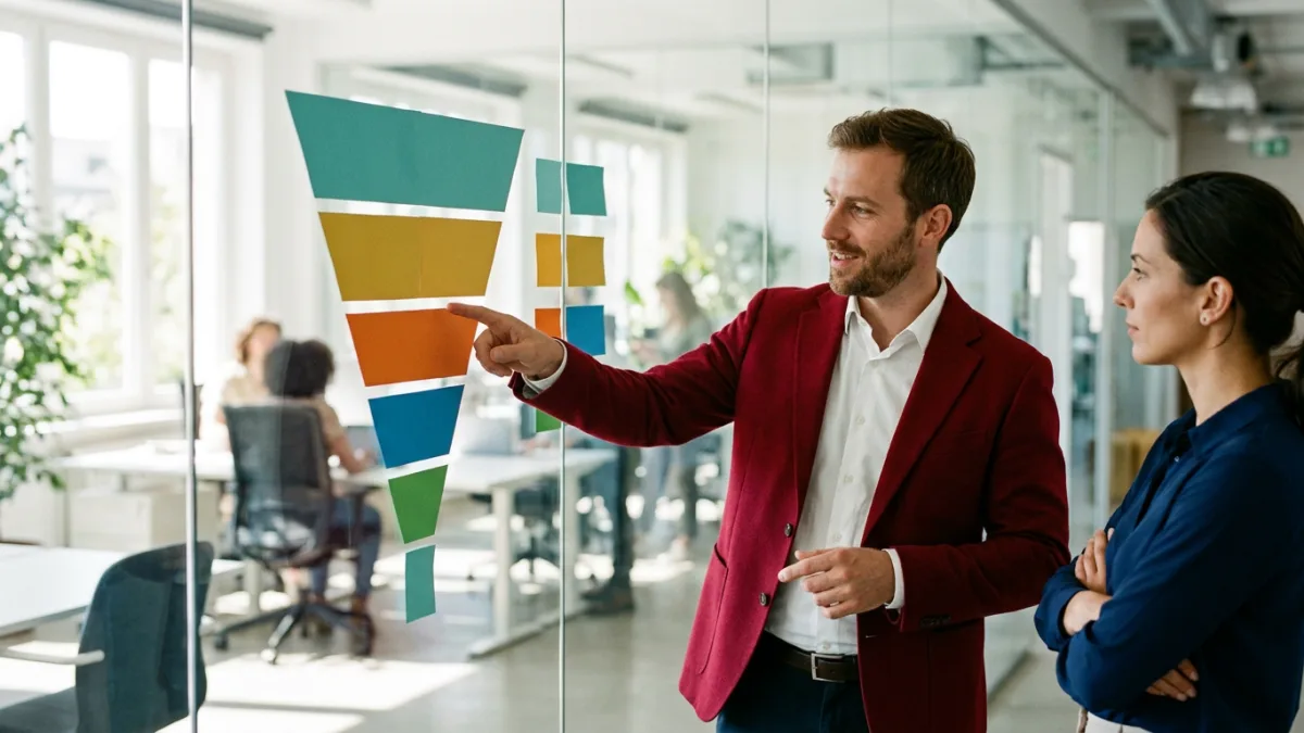 Marketing strategist in a crimson blazer pointing at a paper funnel diagram on a glass wall