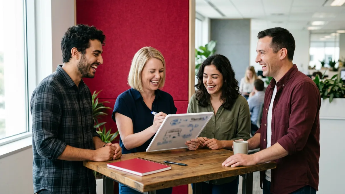 Four IT team members laughing around a standing desk while one sketches on a whiteboard