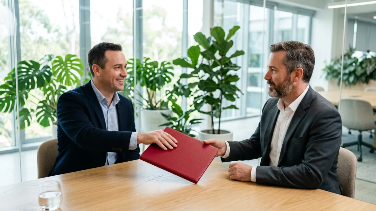 Marketing consultant handing an MSP owner a lead generation pricing proposal folder