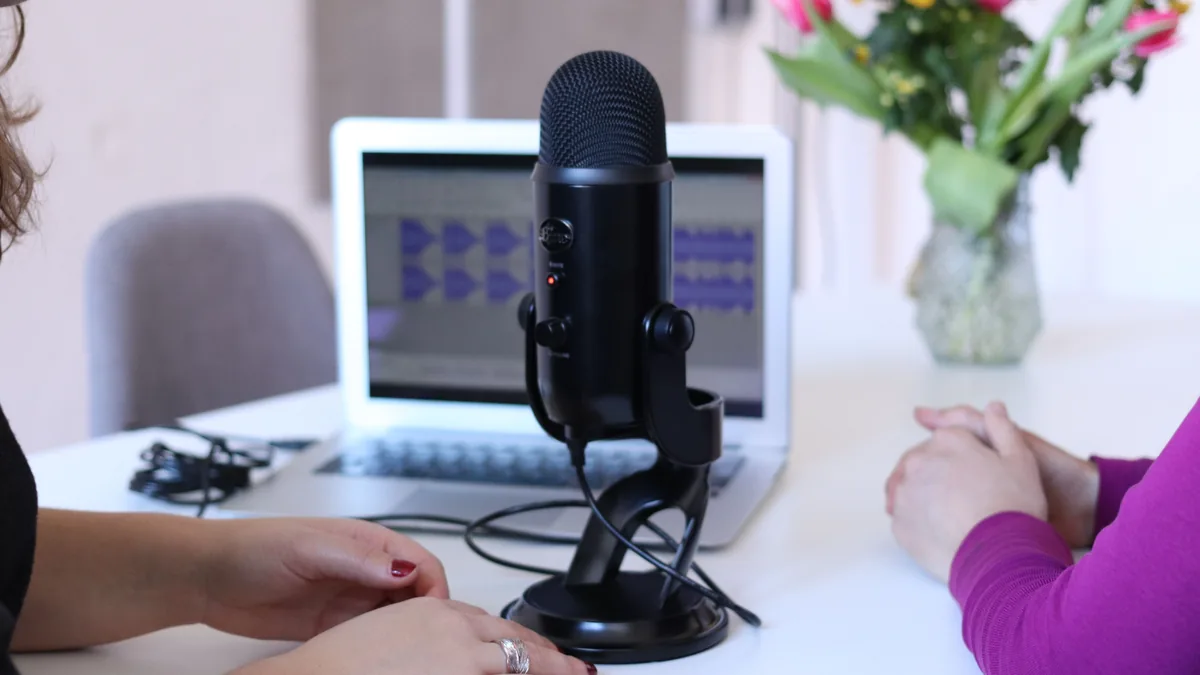 Podcast microphone on a table between two guests, a link and mention source for MSP owners